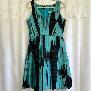 Carolina Herrera New York Metallic Teal Jacquard Silk Fit & Flare Dress |Size 12